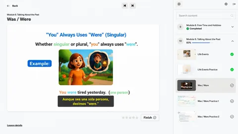 Lección en video con explicación visual y subtítulos en español visibles debajo del contenido.