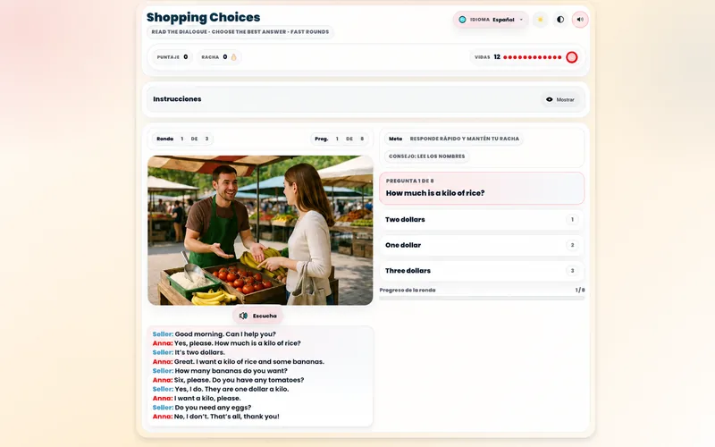 Actividad de lectura Shopping Choices con texto, imagen contextual y preguntas de comprensión.